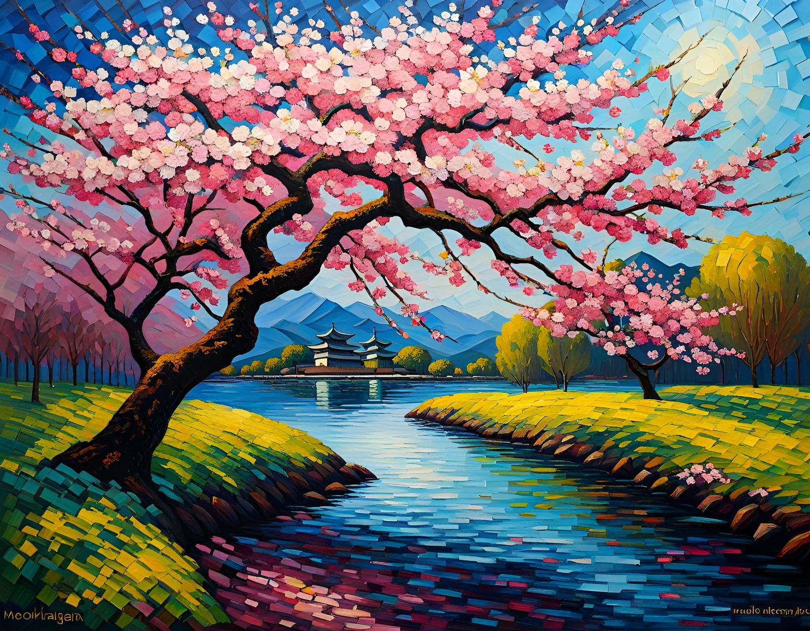Cherry Blossoms in Neo-Impressionist Impasto Style