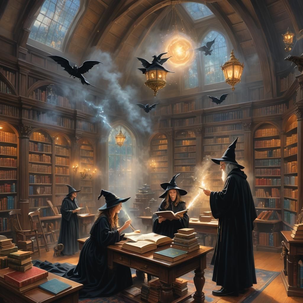 Fairies Surround Witch and Wizard Studying