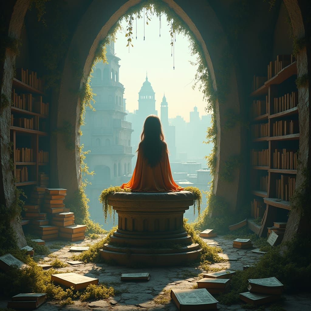 Mystical Library: Girl with Books in Matte Painting Style