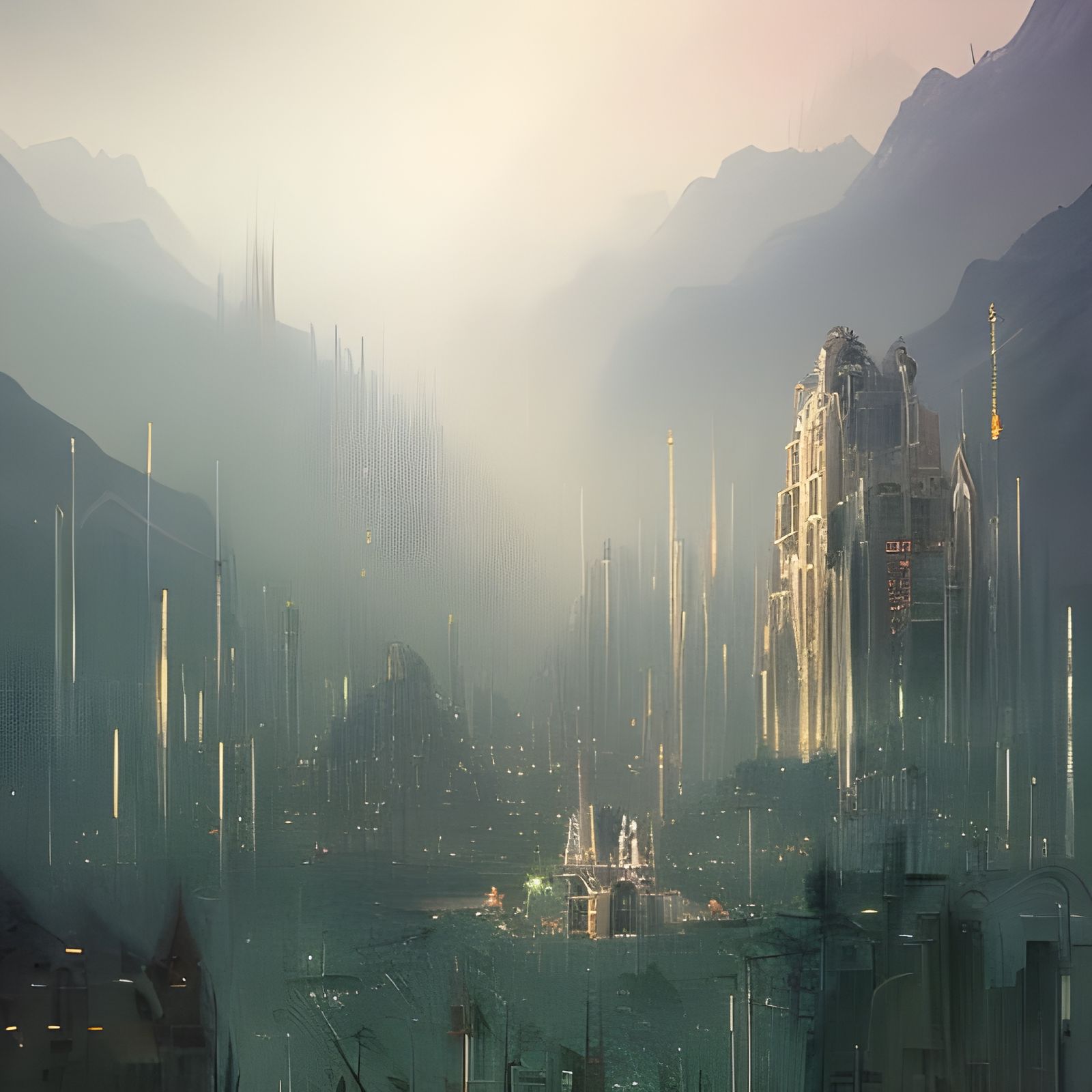 Misty Metropolis in Mountainous Kingdom: Aerial View