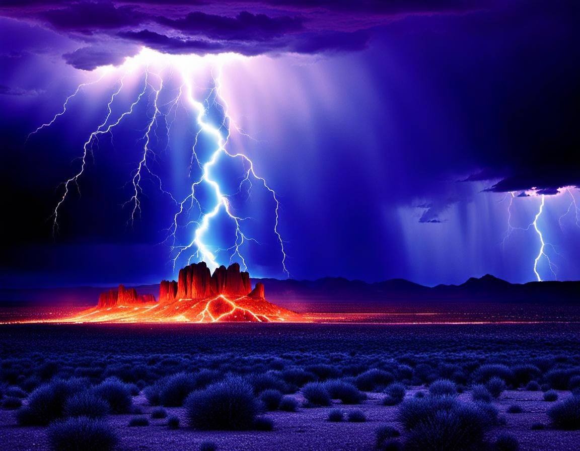 Epic Sunset Over Crystal Desert With Lightning