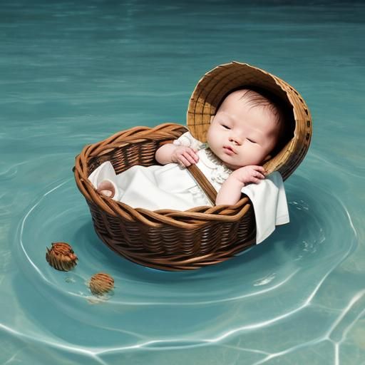 Baby in Wicker Basket Floating on Water