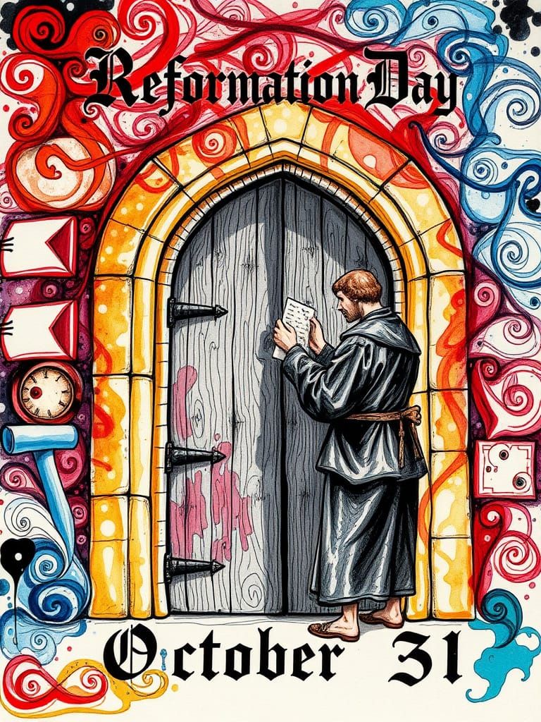 Martin Luther Nailing 95 Theses in Alcohol Ink Masterpiece