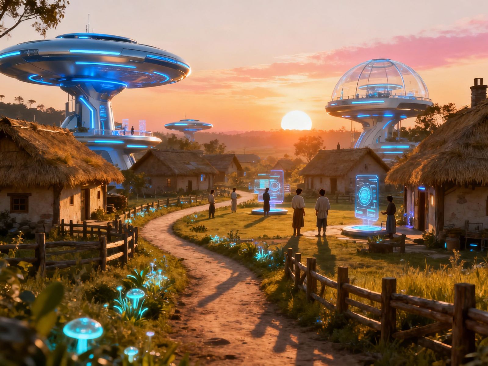 Futuristic Village at Sunset with Golden Light