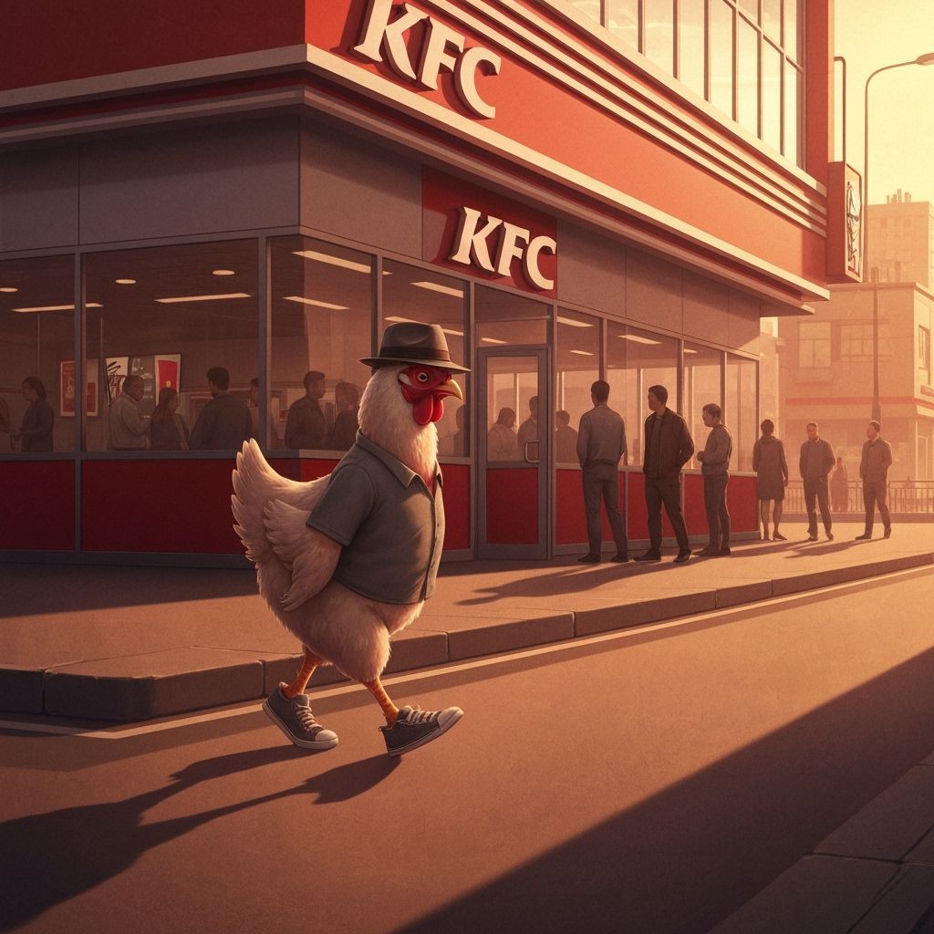 Chicken in Fedora Walks Past KFC at Golden Hour