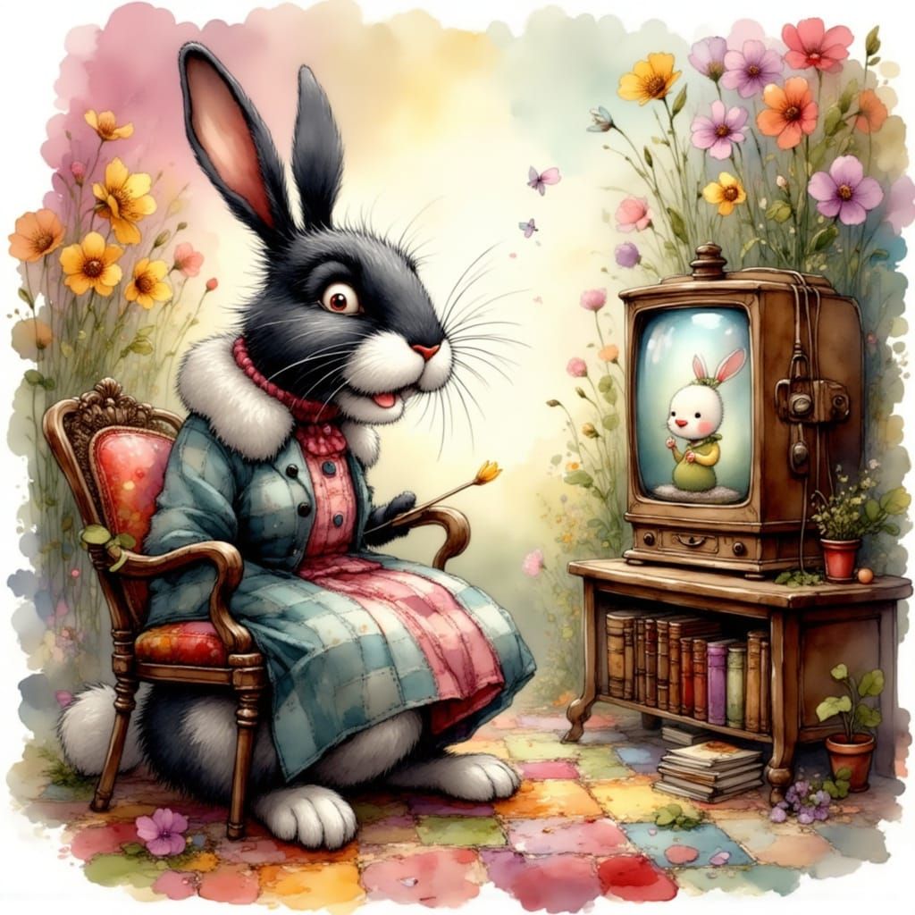 Whimsical Bunny Watching Cartoons in Watercolor Style