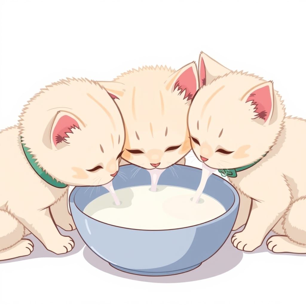 Adorable Kittens Drinking Milk in Anime Style