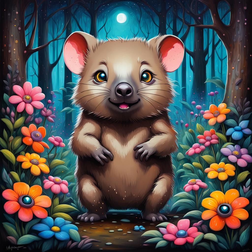 Chibi Wombat in Enchanted Forest, Keane Style