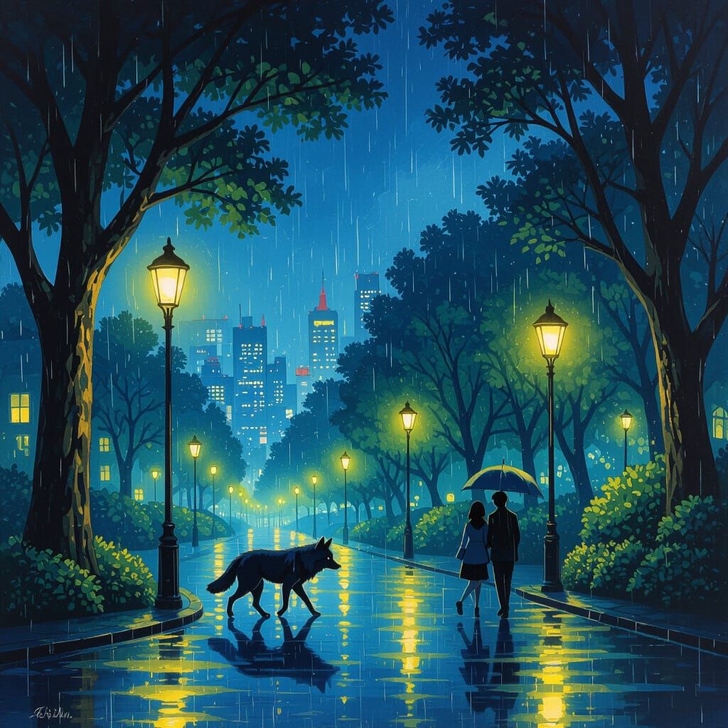 Rainy City Night Surrealist Painting with Wolf and Couple