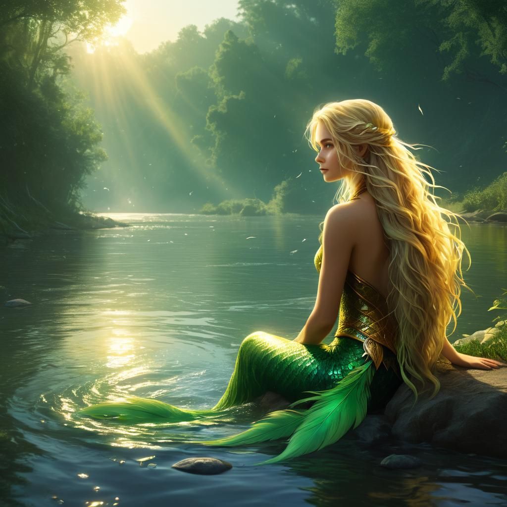 Golden-Tailed Siren on Riverbank in Fantasy Art