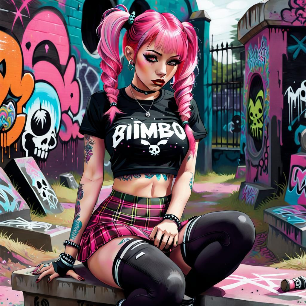 Gothic Woman in Graveyard as Graffiti Art