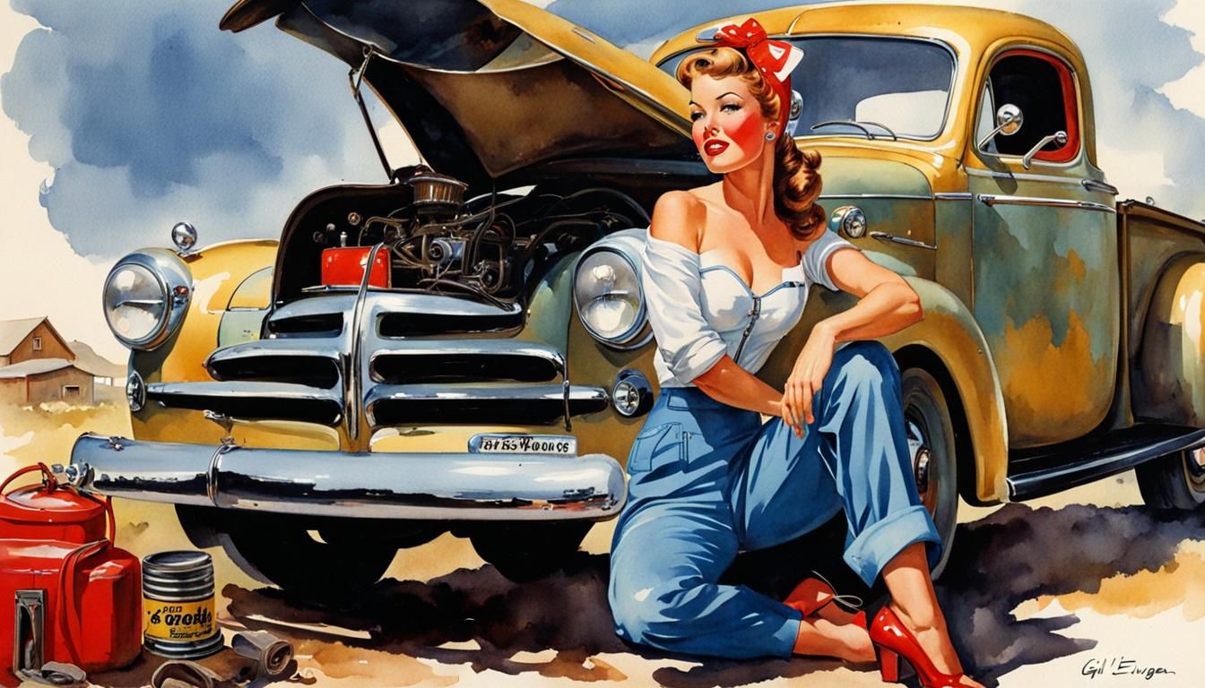 Auto Mechanic Pin-Up in Watercolor and Ink