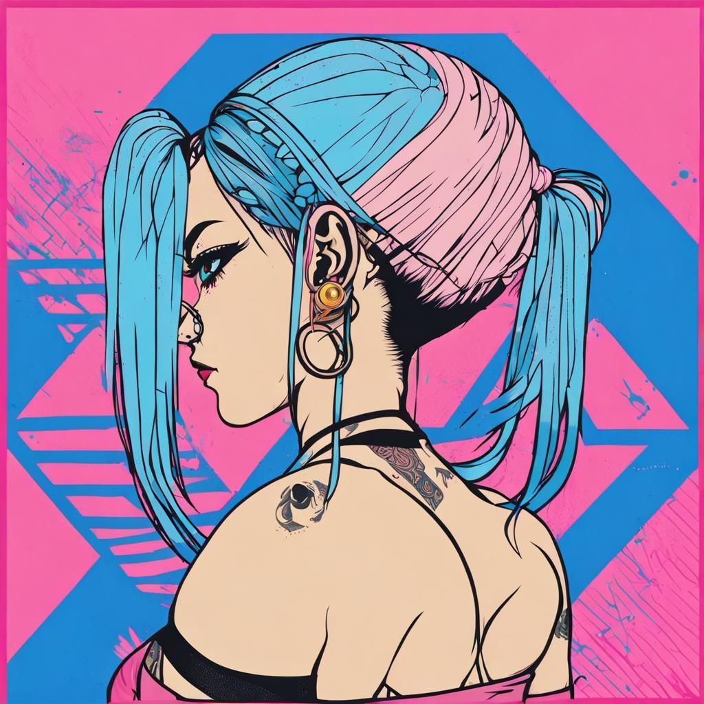 Blue/Pink hair pigtails Girl