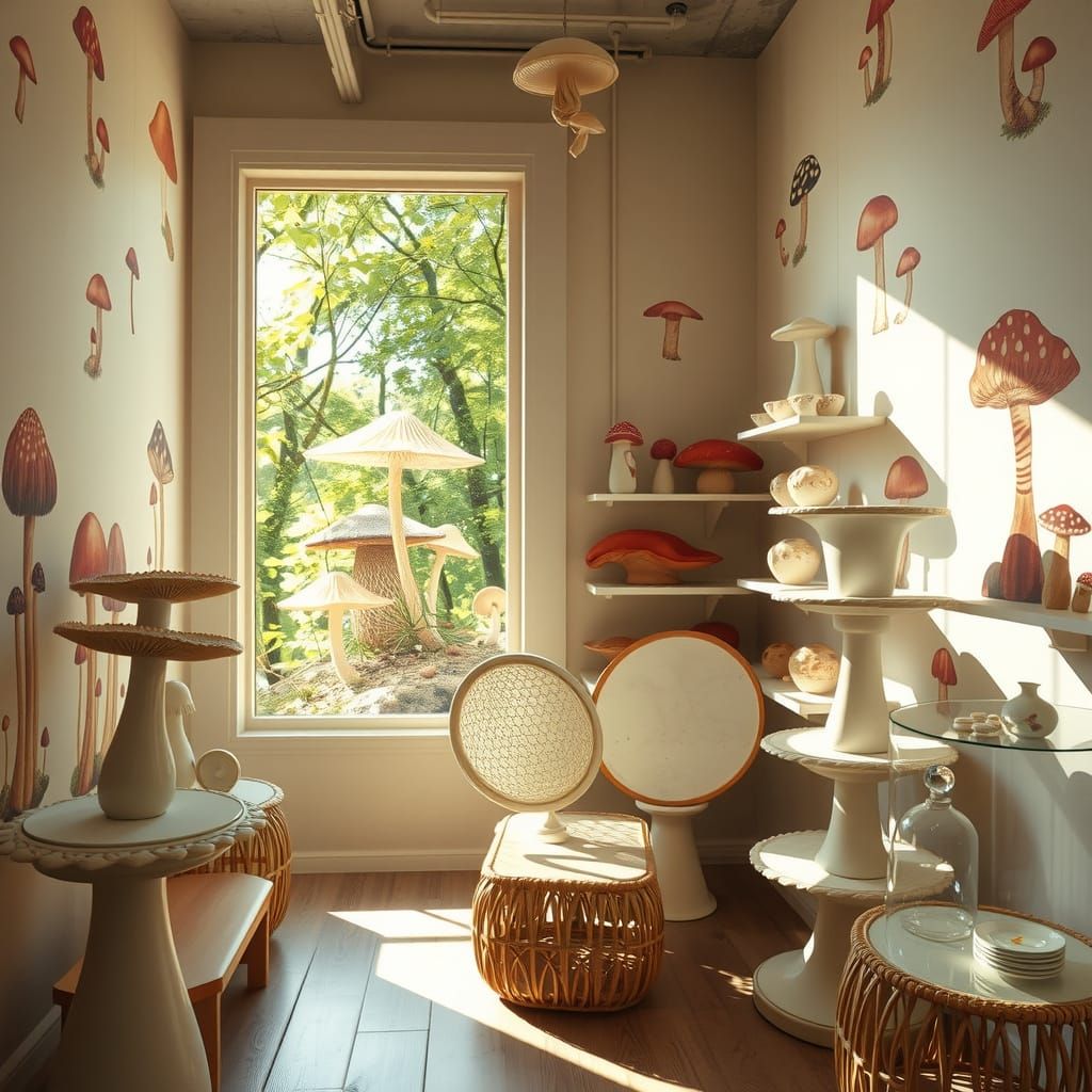 Whimsical Mushroom Boutique Interior in Soft Pastels