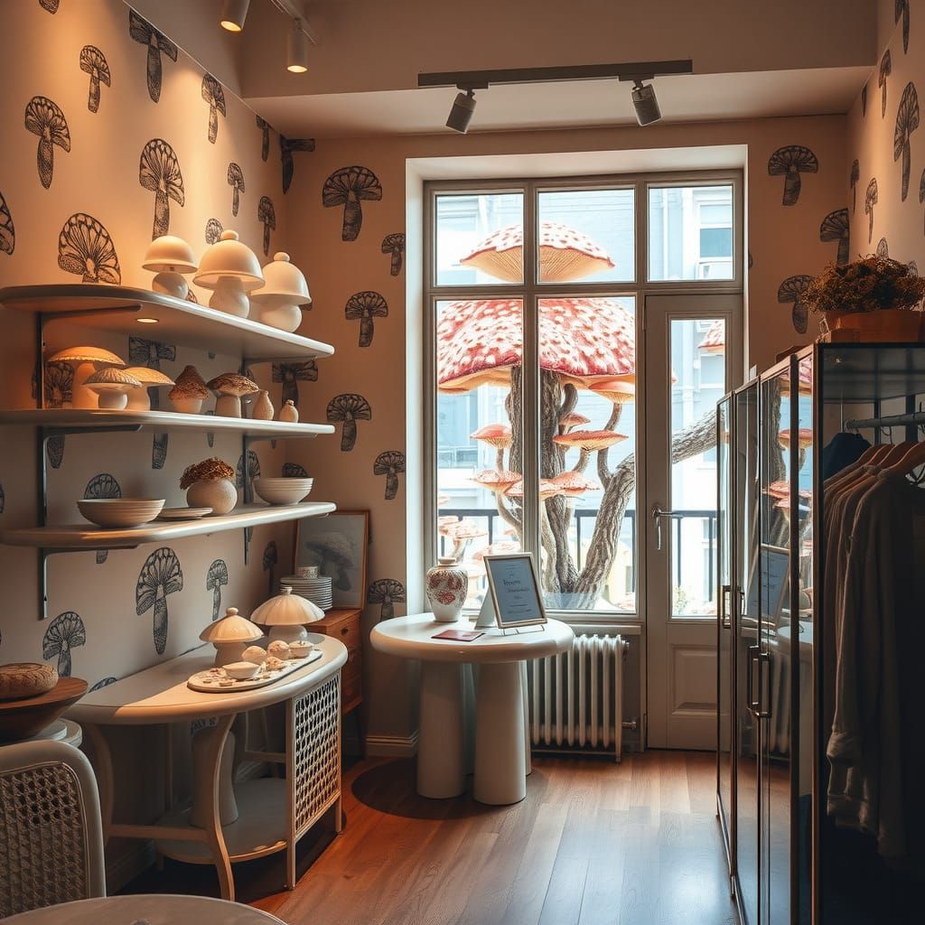 Cozy Boutique Store in Dreamy Mushroom Print Style