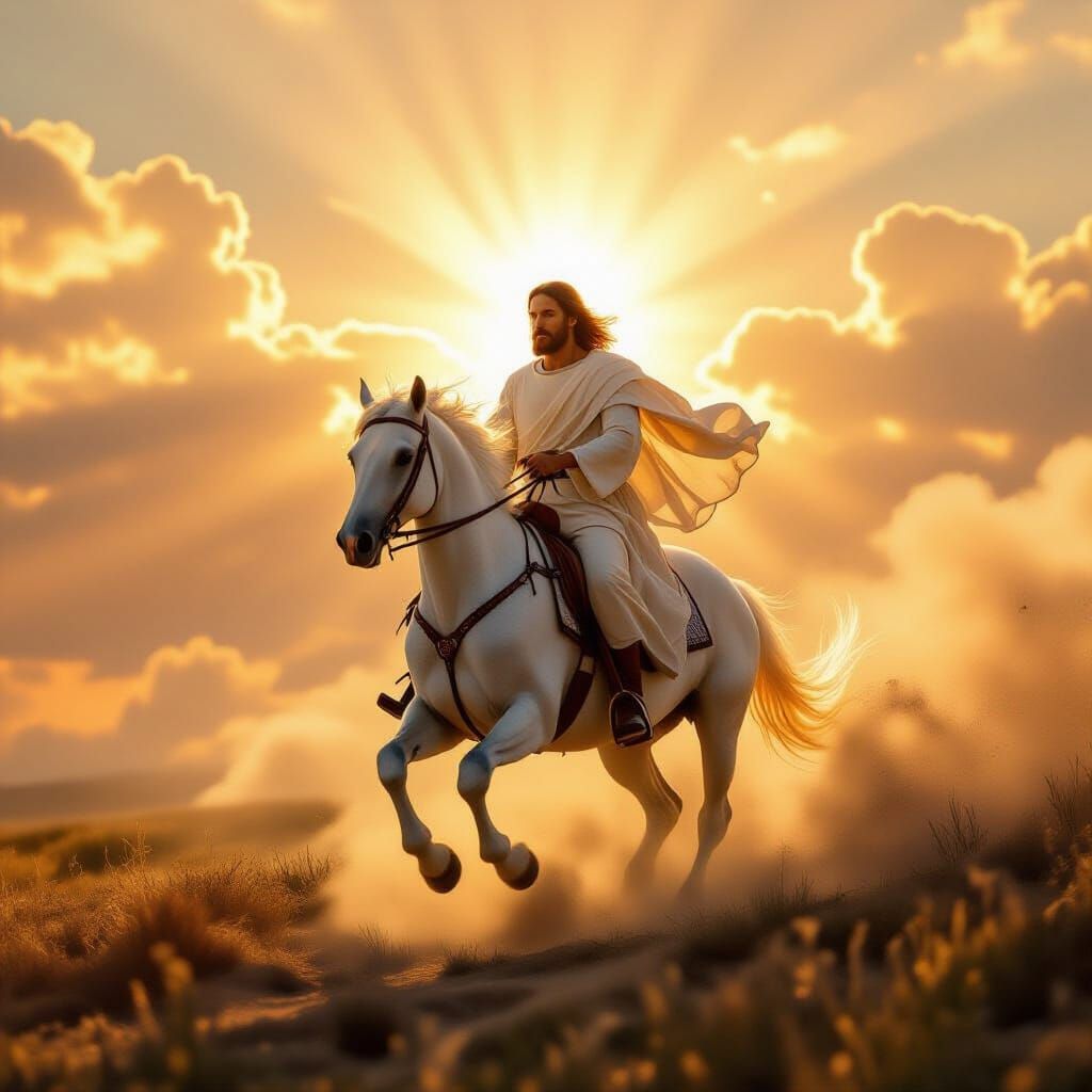 Jesus on White Horse in Golden Sunlight