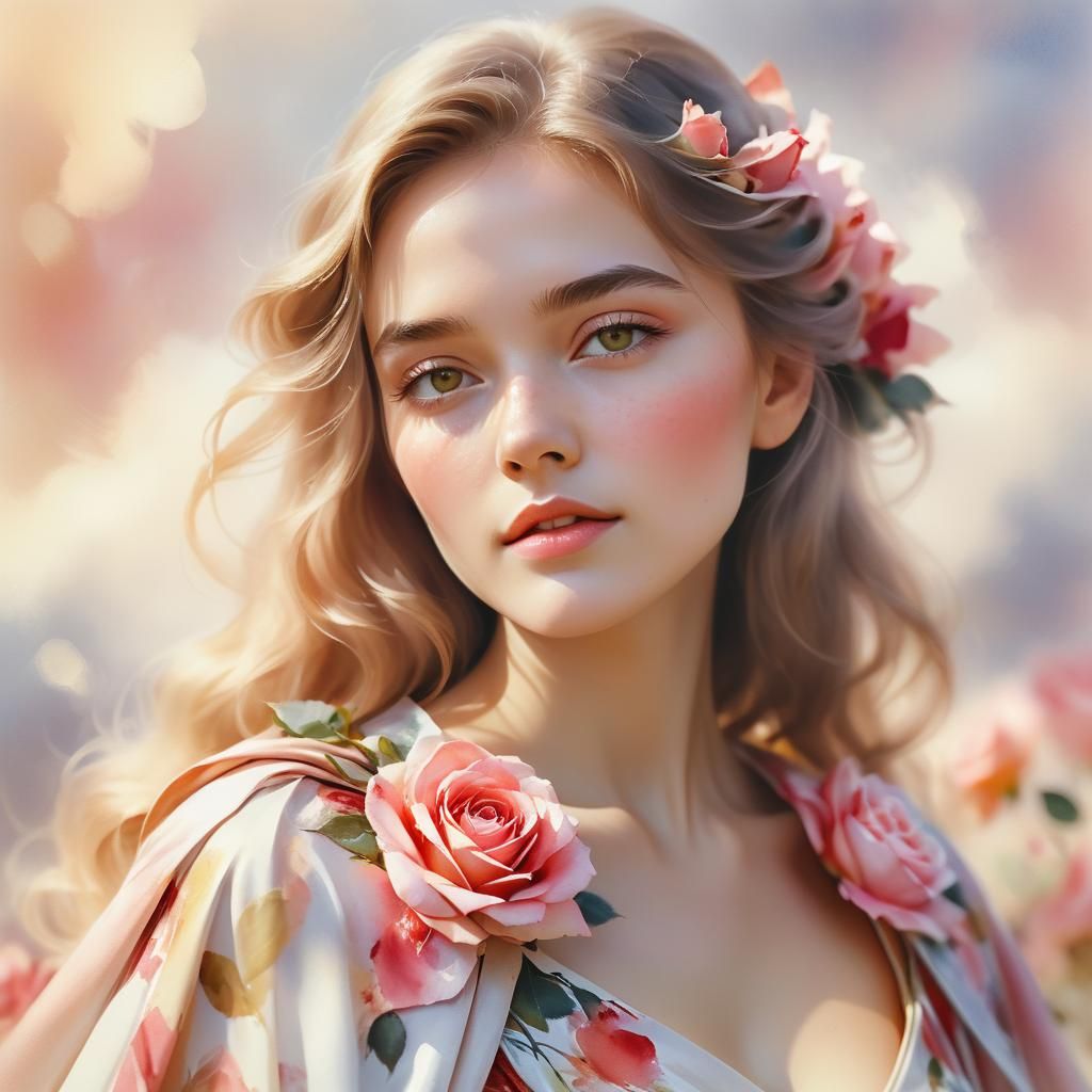 Romantic Woman Portrait with Roses in Watercolor Style