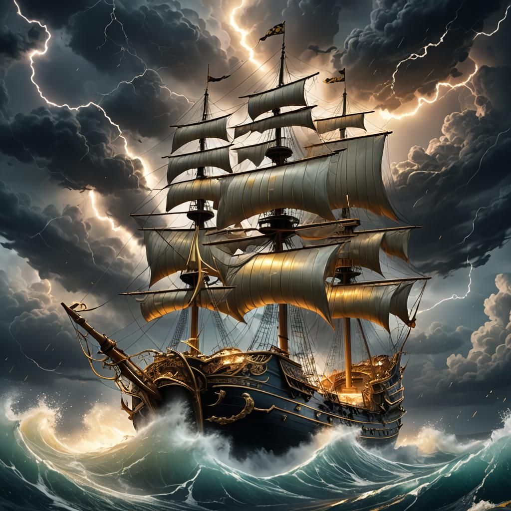 Golden Ship Navigates Turbulent Storm: Anime Art