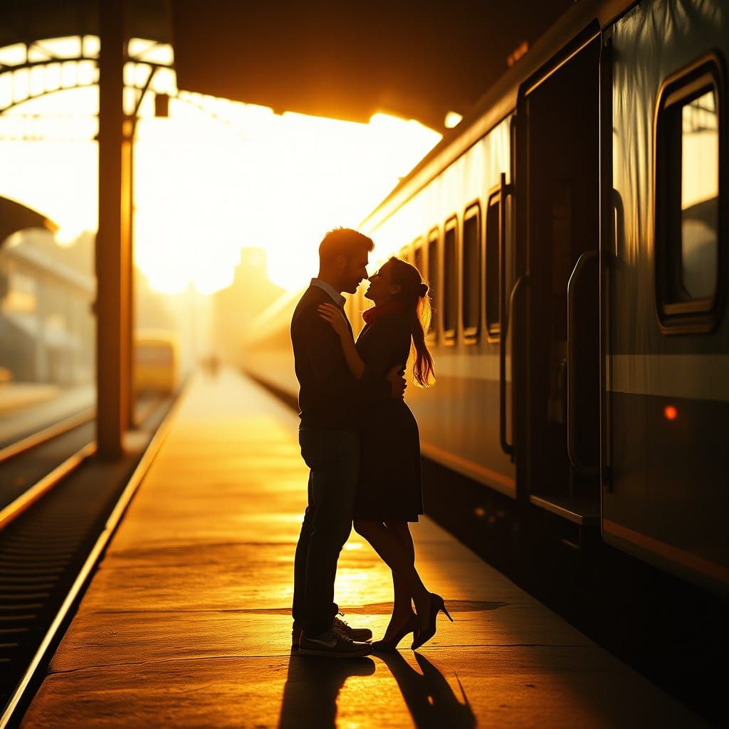 Couple Embracing at Train Station in Evening Light
