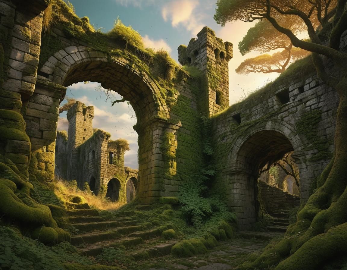 Moss-Covered Ruins in Golden Grass, Digital Art