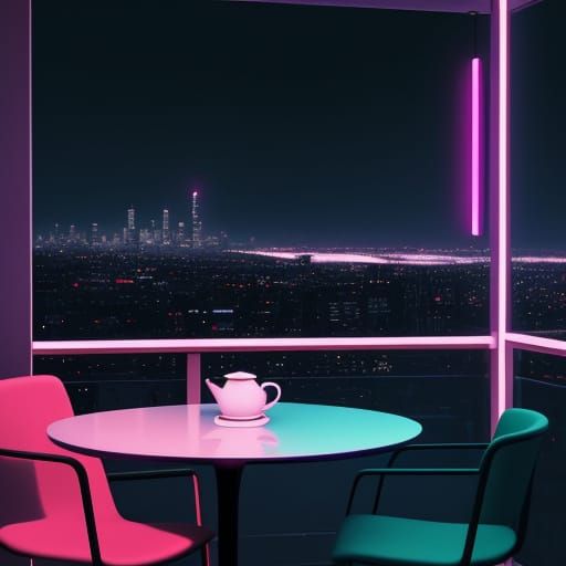 Modern Balcony Coffee Scene with Neon Cityscape