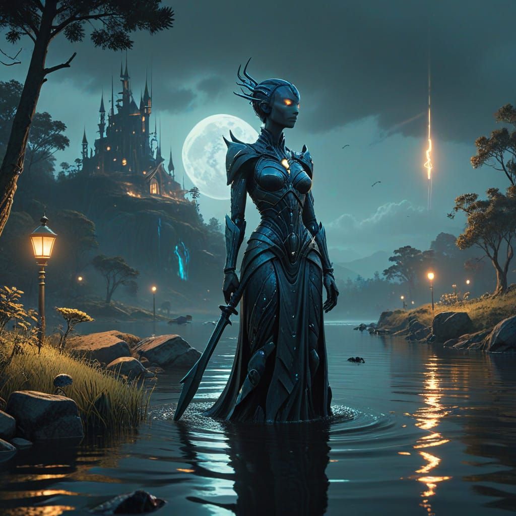 Majestic Zora Goddess in Traditional Attire Under Moonlit La...