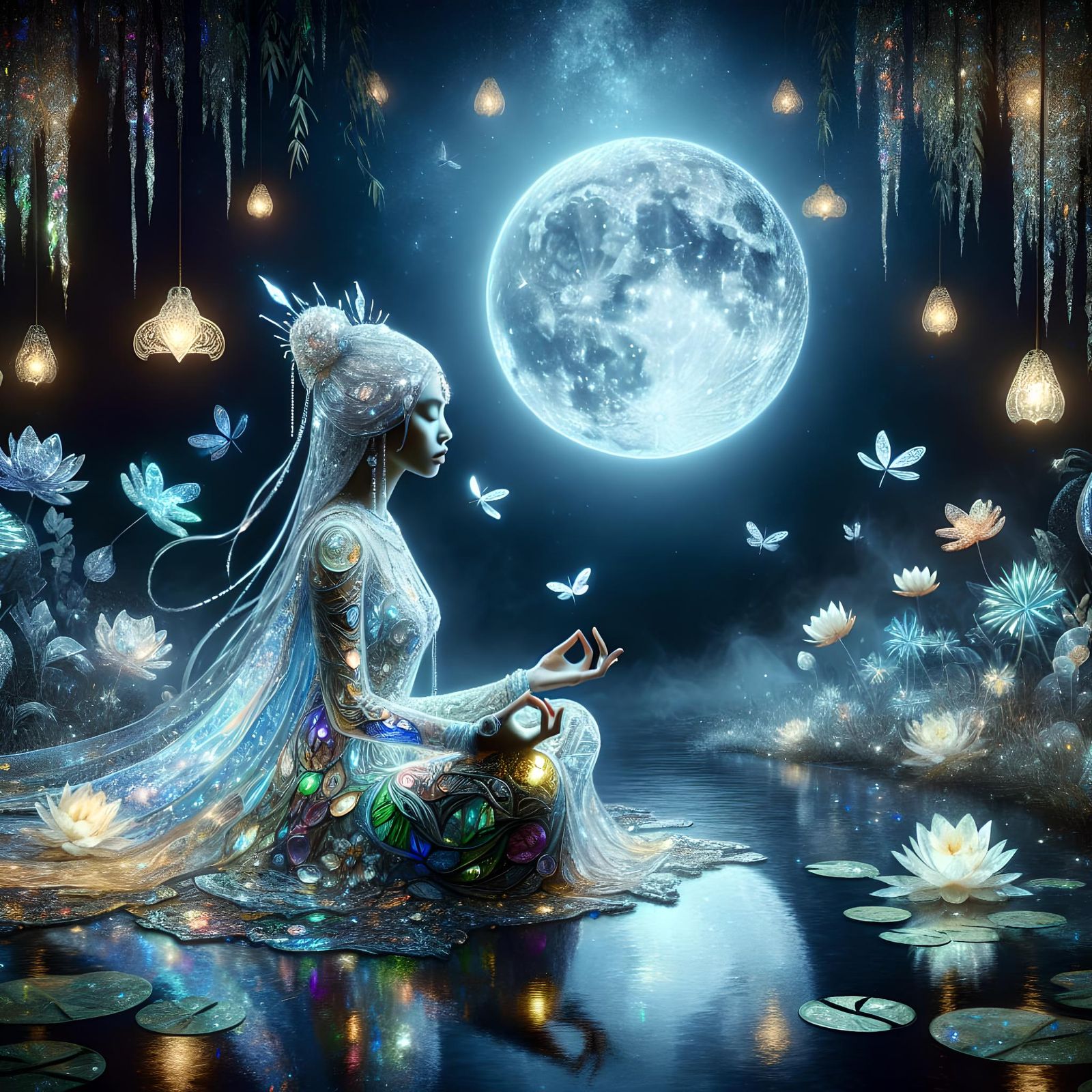 Stained Glass Woman Meditating by Moonlight