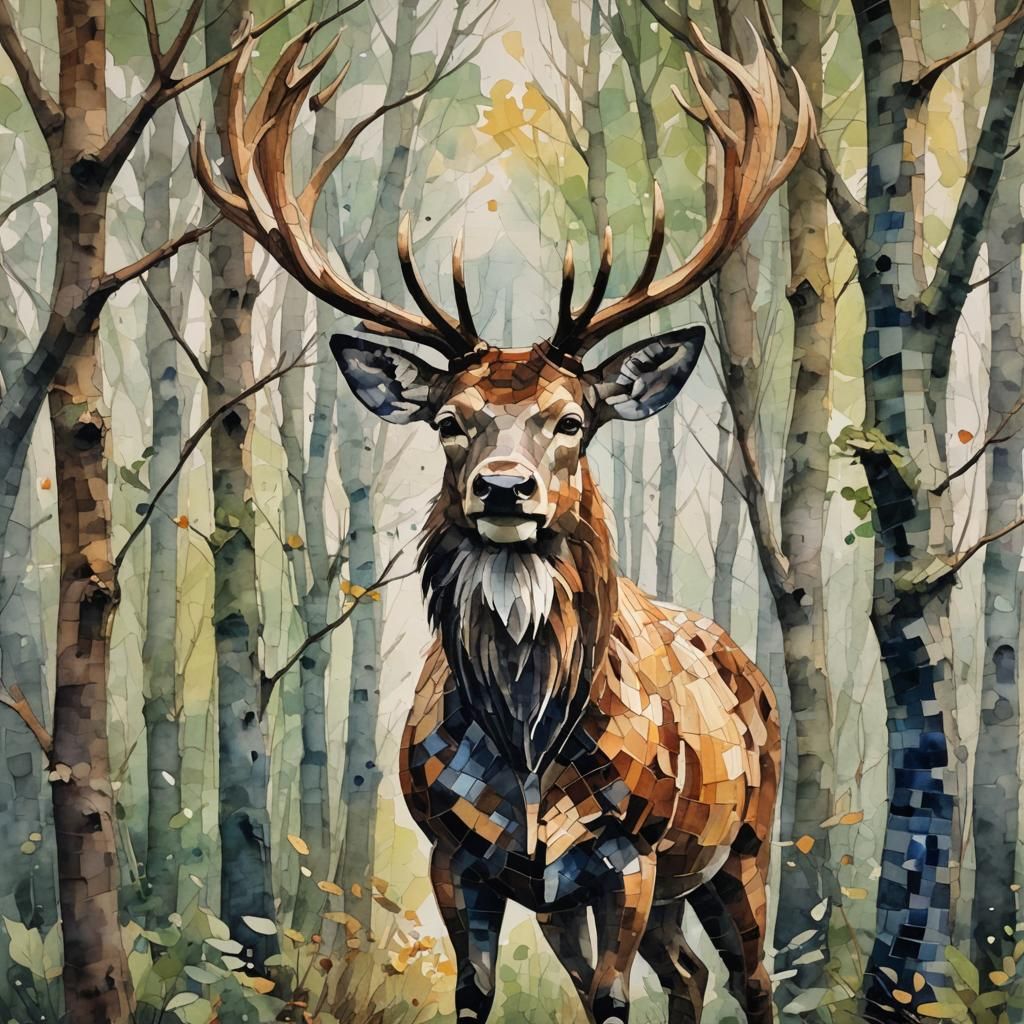 Watercolor Mosaic Stag in Woodland Clearing