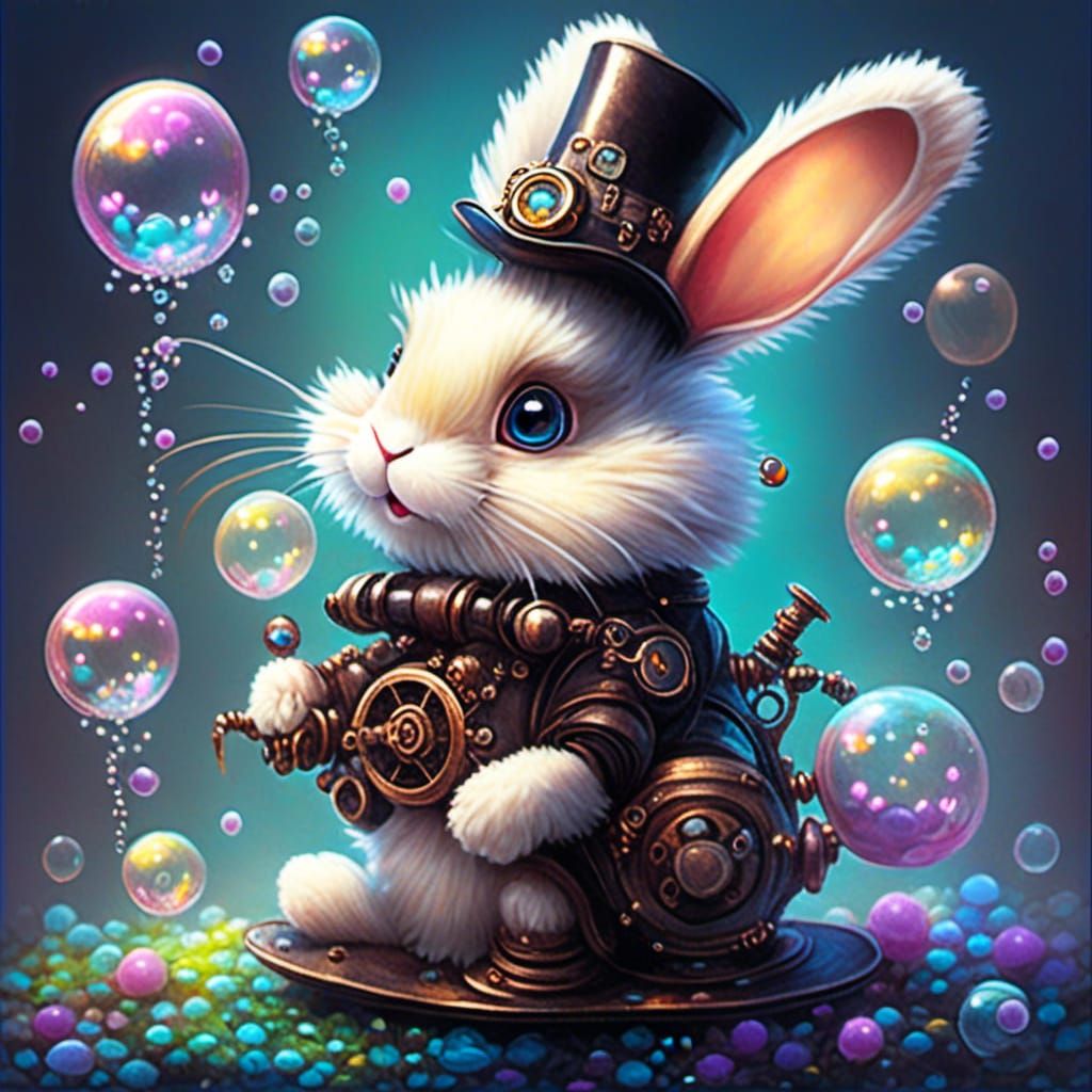 Steampunk Bunny in Top Hat with Bubbles