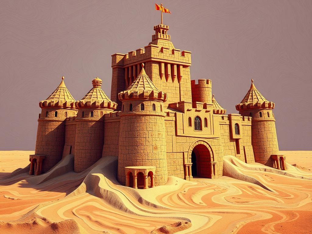 Cubist Sandcastle with Geometric Forms and Vibrant Colors