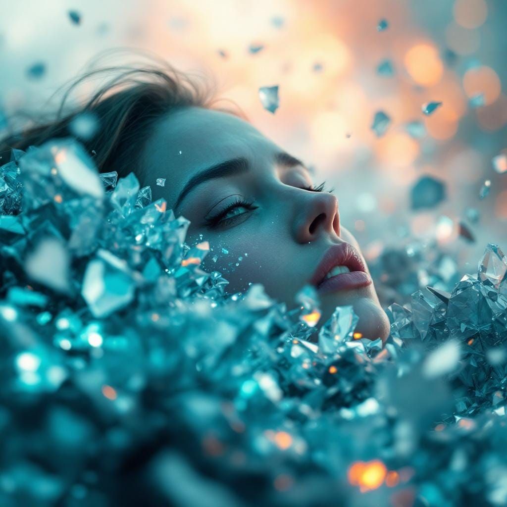 Surreal Crystal Landscape with Mournful Gaze