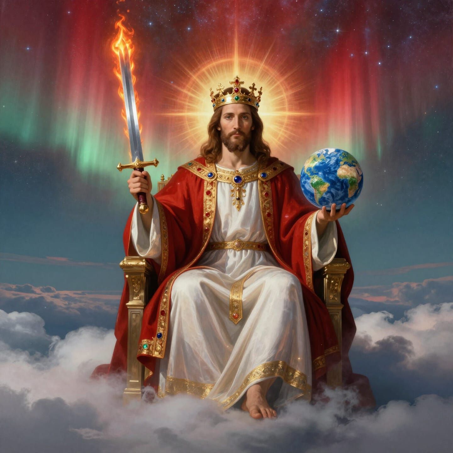 Jesus Christ on Throne with Flaming Sword