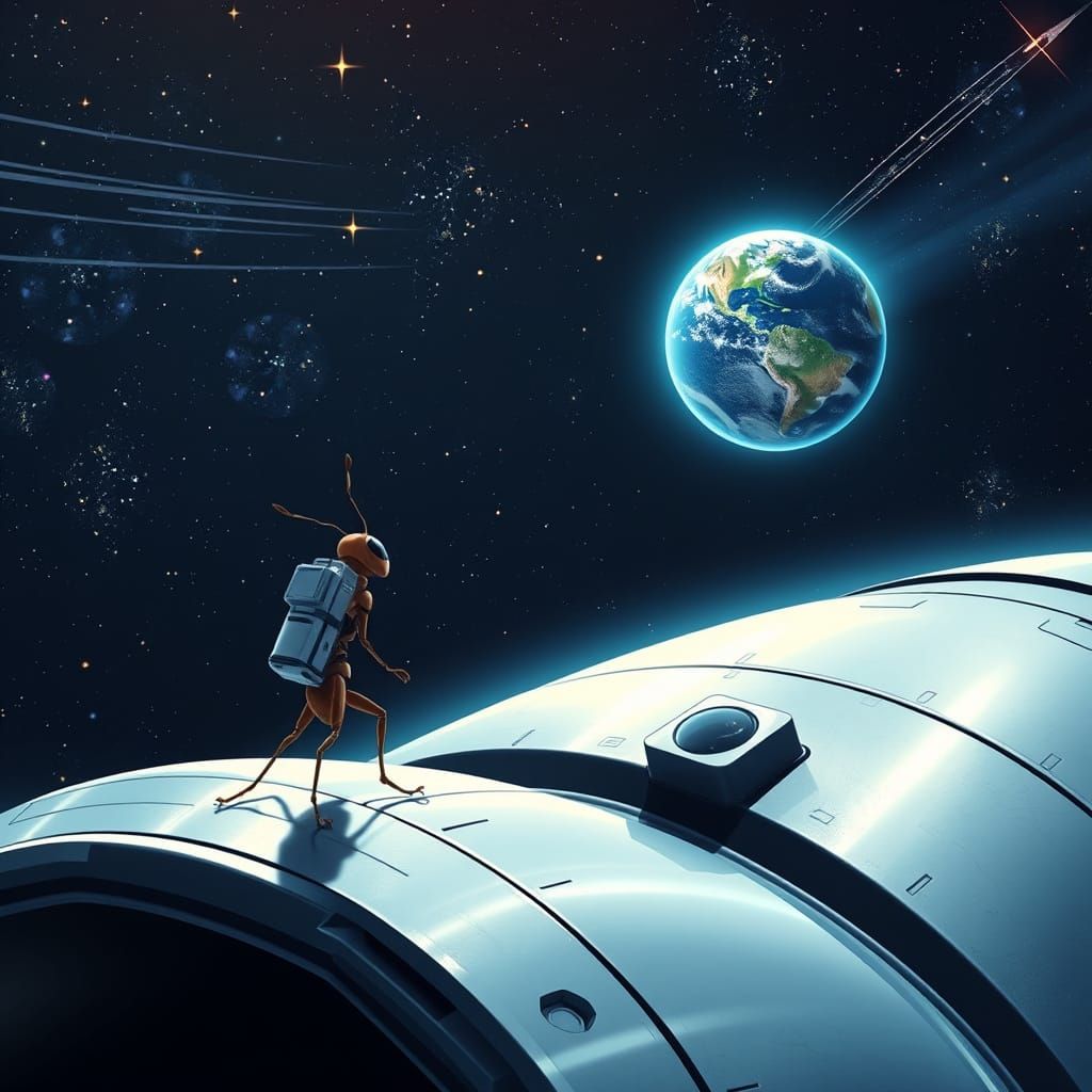 Ant on Spaceship Gazing at Receding Earth in Cosmic Darkness