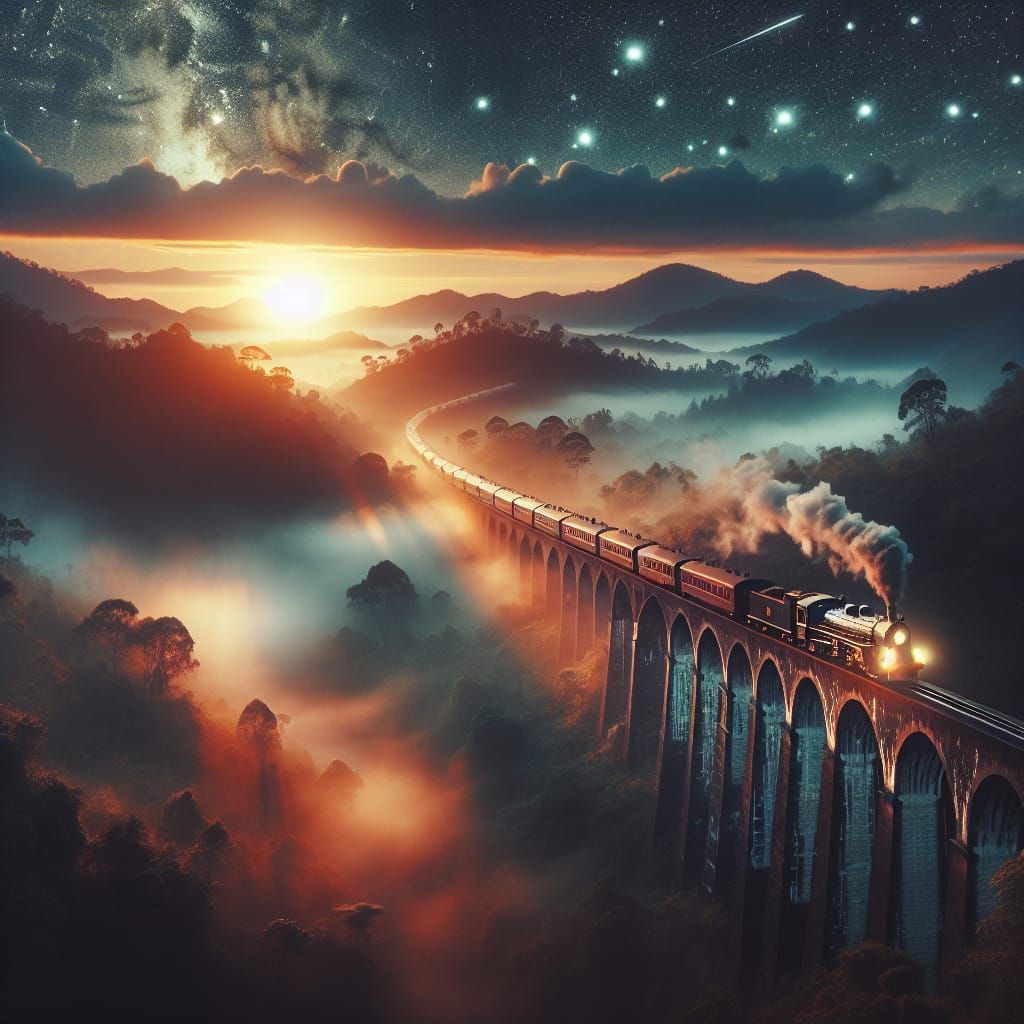 Sunrise Steam Train on Misty Viaduct