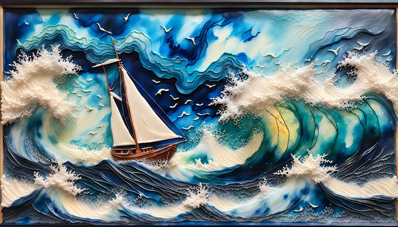 Sailboat Fights Waves in Encaustic Art Storm