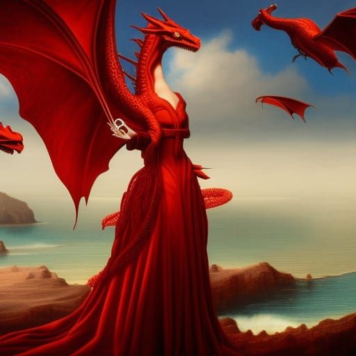 Woman with Dragon Head in Surreal Seascape Style