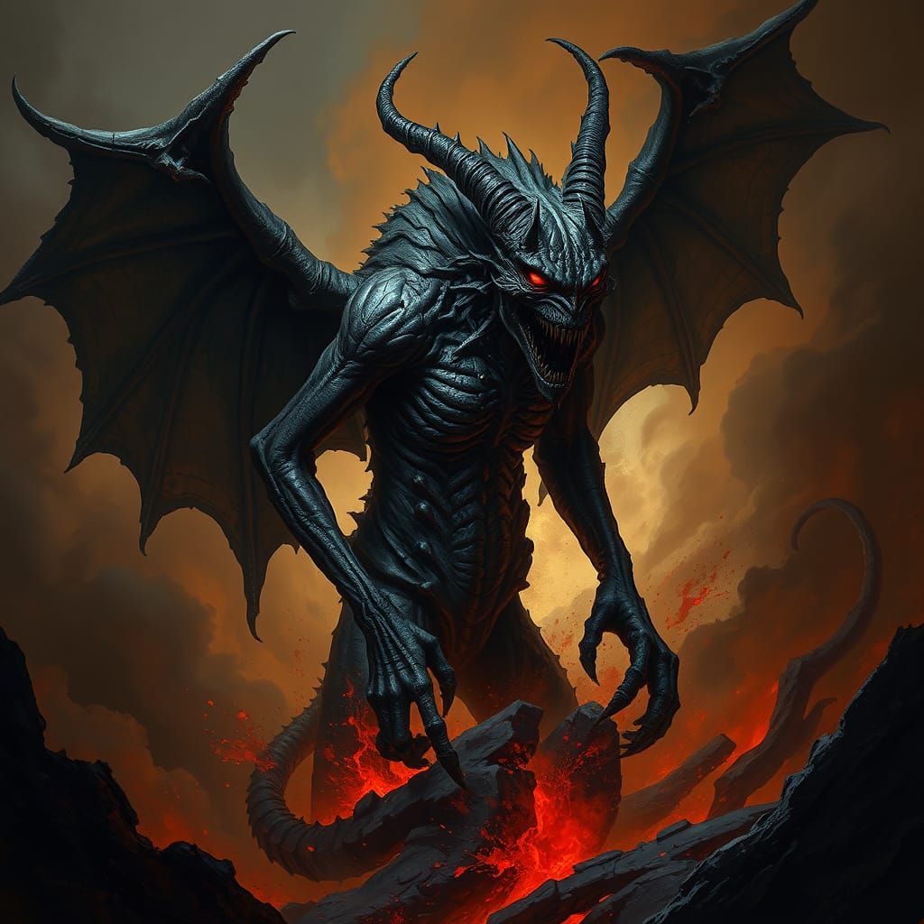 Colossal Twisted Demon Rises from Dark Pit in Gothic Dark Fa...
