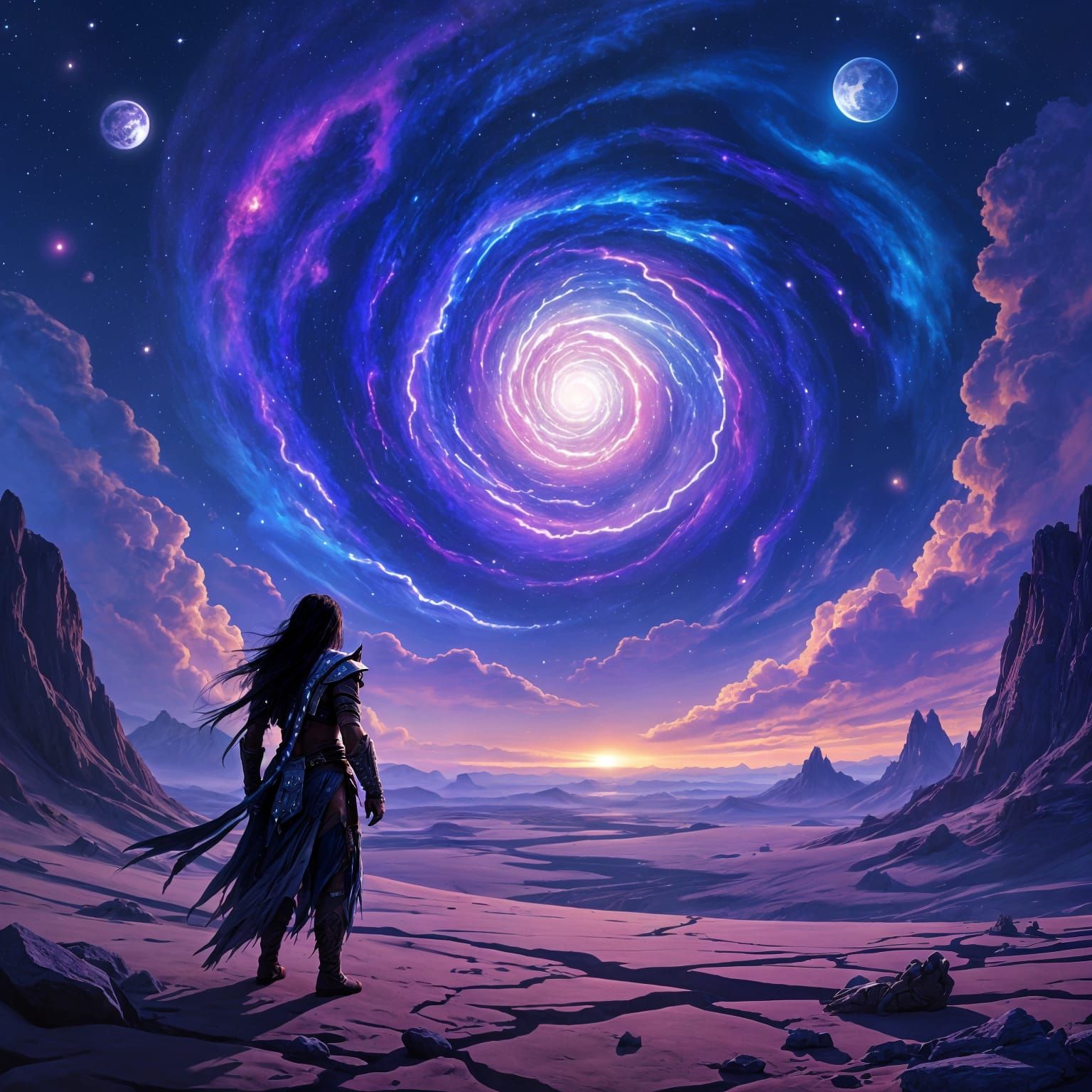 Cosmic Warrior on Alien Planet Overlooking Nebula