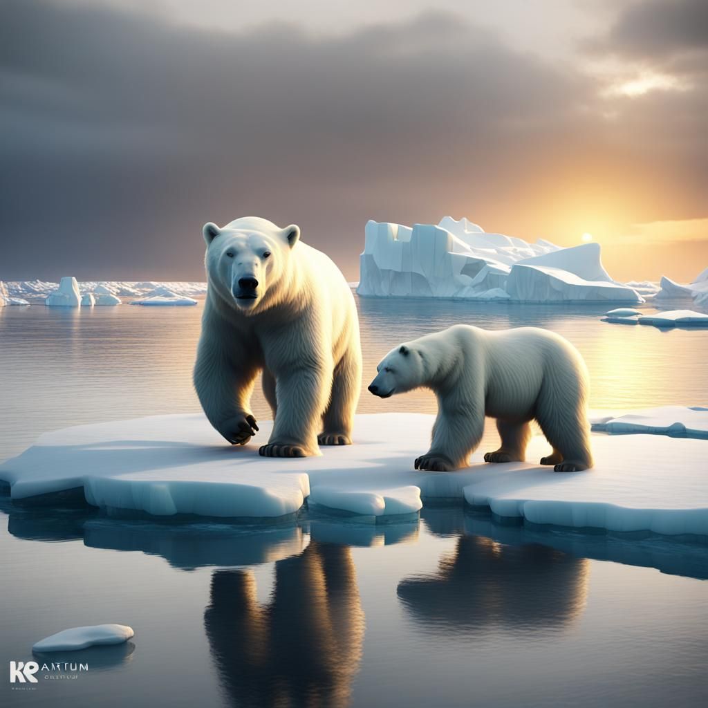 Polar Bears Stroll on Ice Floe at Sunset