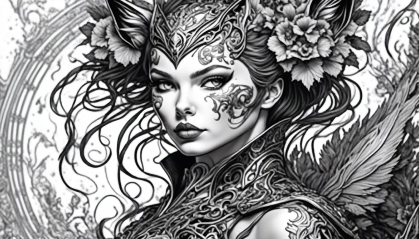 Detailed Cat Woman Coloring Book Line Art