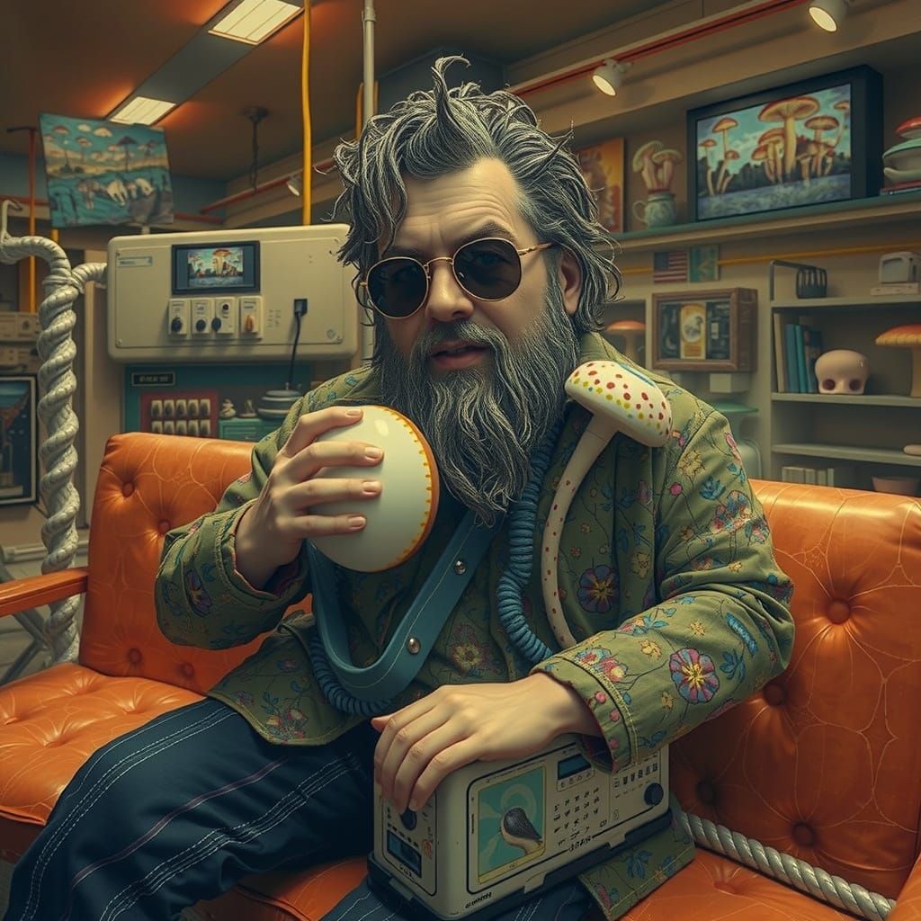 Surreal Gum Cabin Amidst Abandoned Machines and Mushroom Fla...