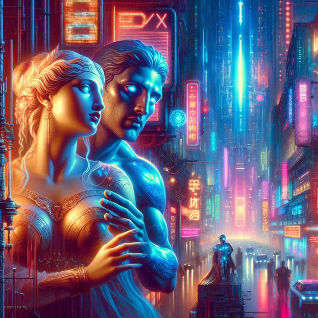 Roman Gods Embrace in Cyberpunk Cityscape