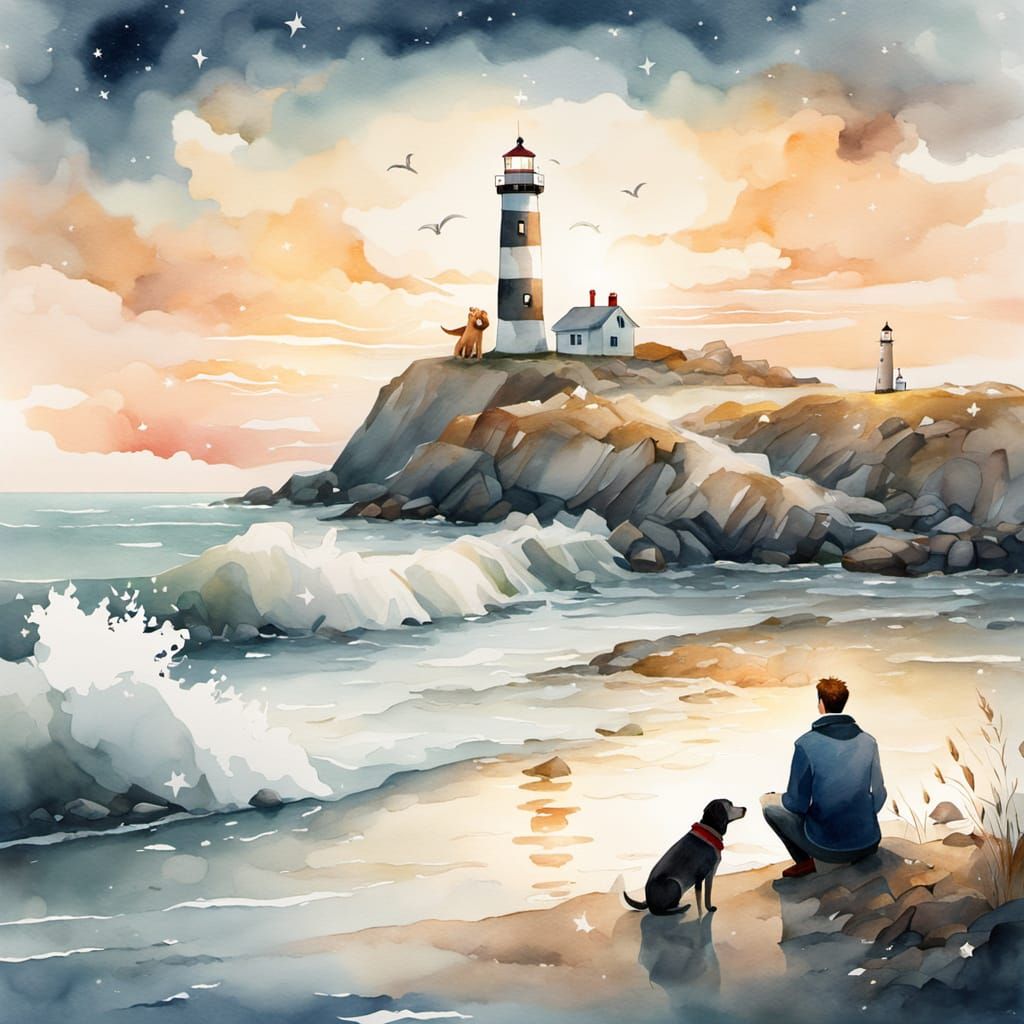 Surreal Lighthouse Scene with Sailor and Dog