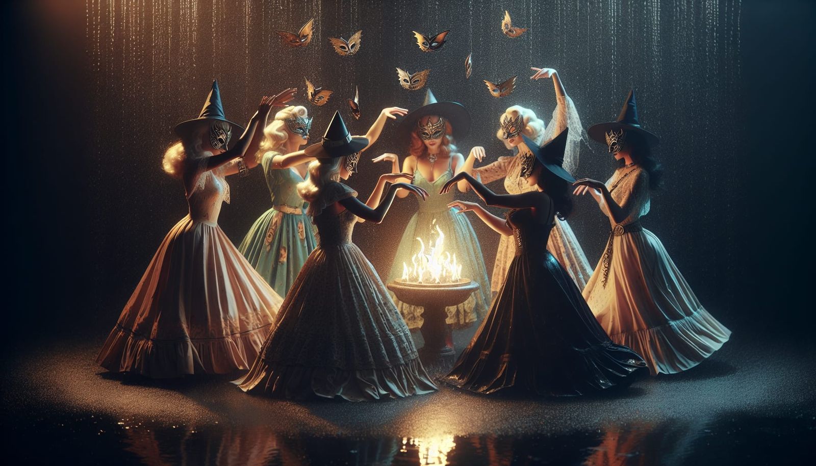 Vintage Pin-Up Witches Dancing in the Rain