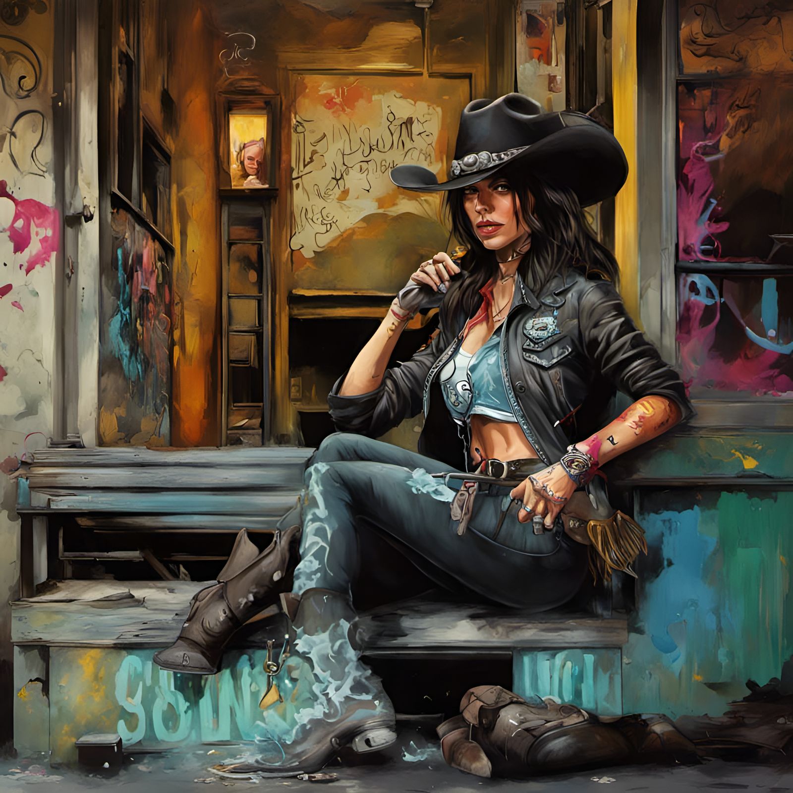 Gunslinger Cowgirl in Graffiti Street Art Style