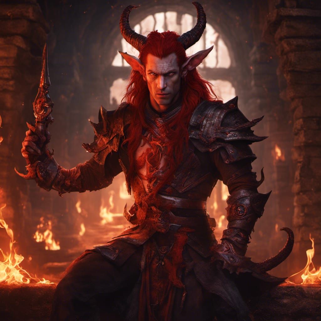 Fiery Tiefling in Dungeon: Fantasy Concept Art