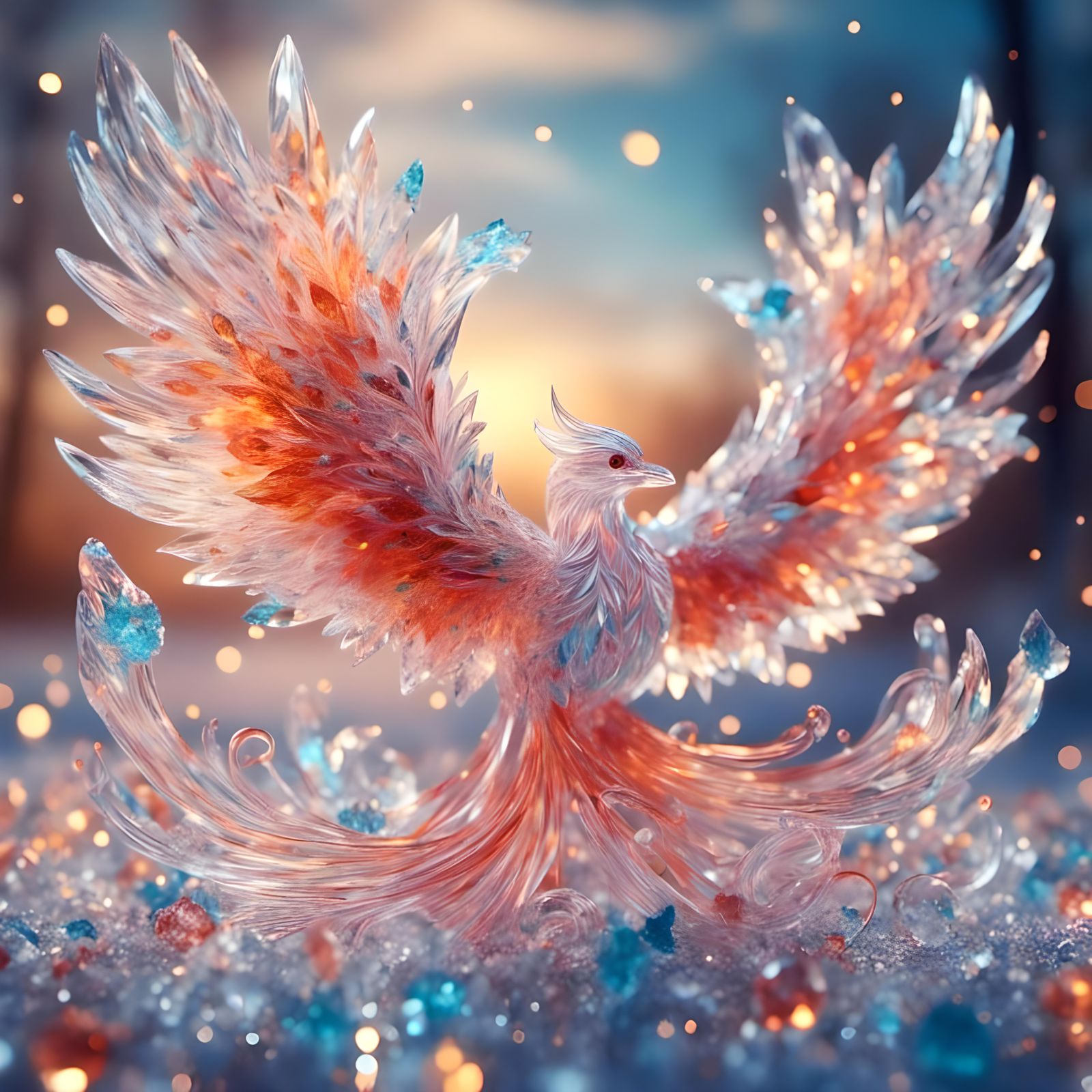 Crystal Phoenix in Flight with Bokeh Background