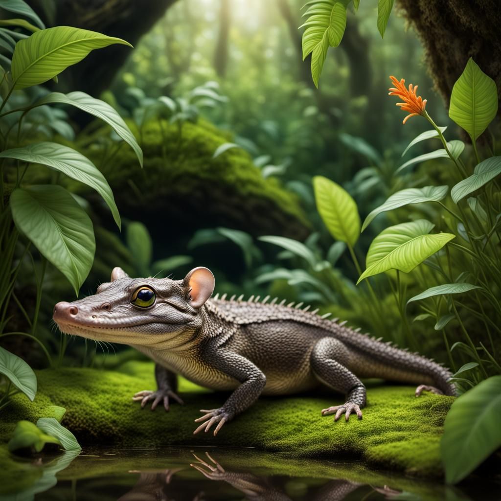 Mouse-Gator Hybrid in Lush Ecosystem: Photorealistic Detail