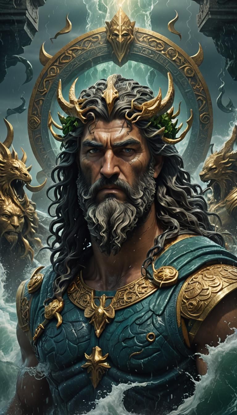 Poseidon in Stormy Sea Temple: Art Nouveau Portrait