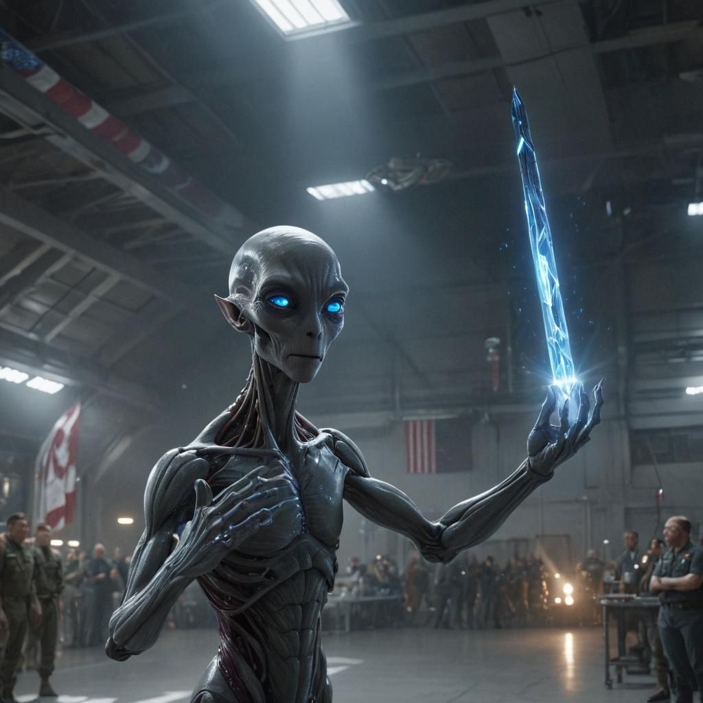 Grey Alien Observers in Hyperrealistic Military Hangar